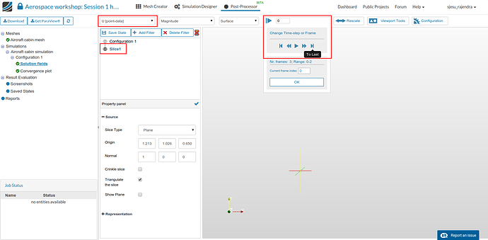 Select the velocity data U aerospace workshop, aircraft cabin ventilation, postporcessing, 2d slice filter