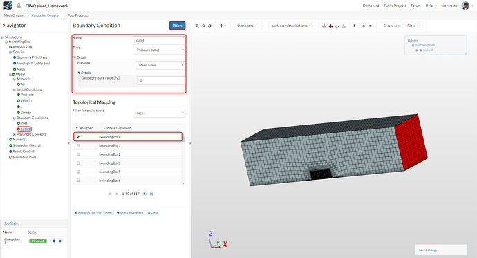 Select Pressure outlet with Fixed value and Mean Value as the input type with 0 Pa pressure f1 aerodynamics, outlet boundary condition