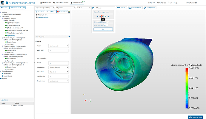 Click ‘Play’ in timestep window to see all the eigenmodes aerospace workshop, aircraft jet engine vibration analysis, see all eigenmodes