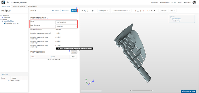 Assign an appropriate name to your mesh and select the Base Geometry as frontWing f1 aerodynamics tutorial, meshing setup