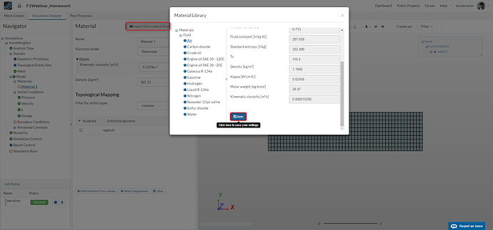 SimScale Material Library f1 aerodynamics tutorial, material library
