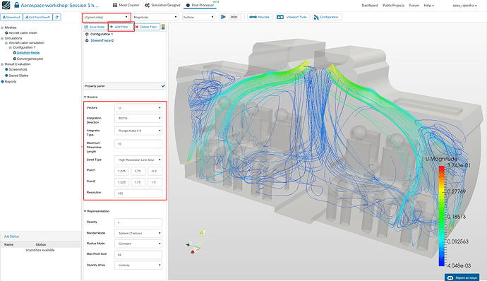 Add glyphs to get an overview of how the velocity vectors look like aerospace workshop, aircraft cabin ventilation simulation setup, glyphs velocity vectors