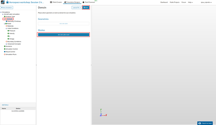 Click ‘Domain’ from the tree and select the mesh created from the previous task aerospace workshop, aircraft cabin ventilation, simulation setup, domain selection