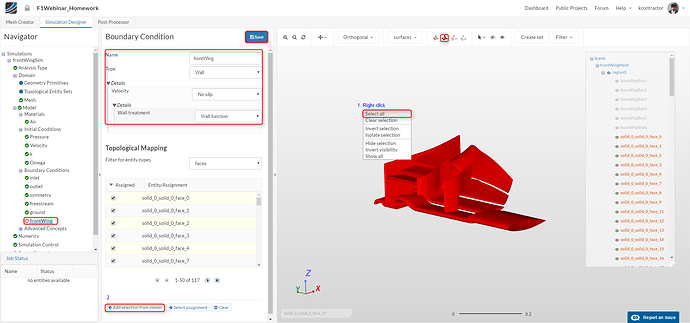 Select Wall as the type and No-Slip for Velocity and Wall function for the wall treatment and assign it to all faces of the front wing f1 aerodynamics workshop tutorial, front wing boundary condition