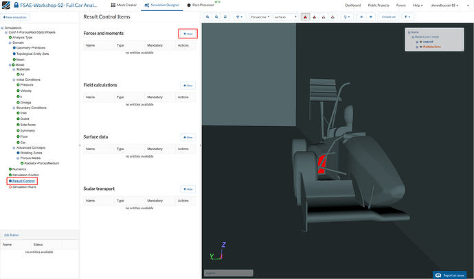 Go to Result Control and click New next to Forces and Moments formula student, formula sae workshop, result control