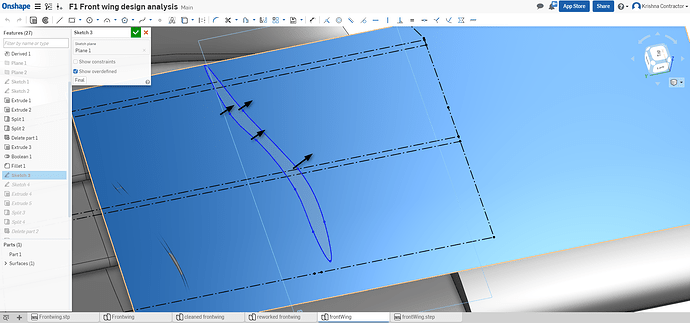 The control points on the curve may be modified f1 aerodynamics f1 front wing vane design onshape control points