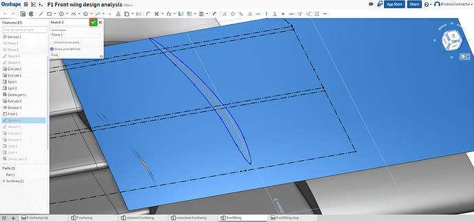 Click on the green tick next to Sketch 3 f1 aerodynamics f1 front wing vane design onshape