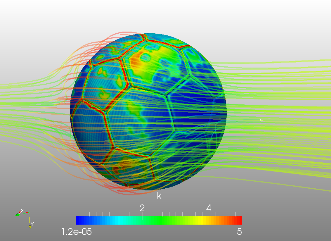 Turbulent kinetic energy on the surface of the football - Aerodynamics simulation with SimScale
