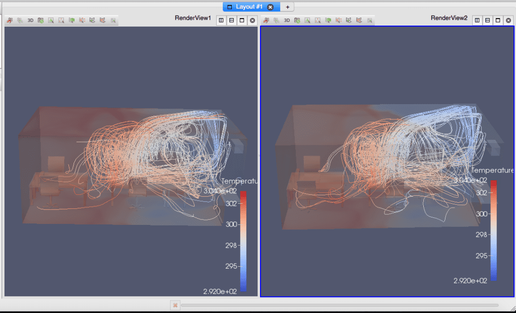 Comparison of velocity streamlines for an office space on an intermediate floor and on the top floor, cfd simulation for thermal comfort of hvac system