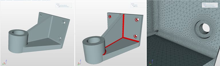 mesh refinement of surfaces of CAD models for improved accuracy in structural analysis solutions. CAD model (left), areas needing mesh refinement identified in red (middle), mesh incorporating refinement (right)