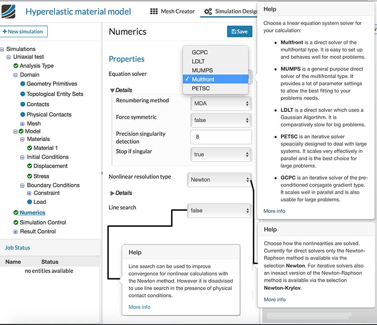 Screenshot of FEM solver options available in SimScale