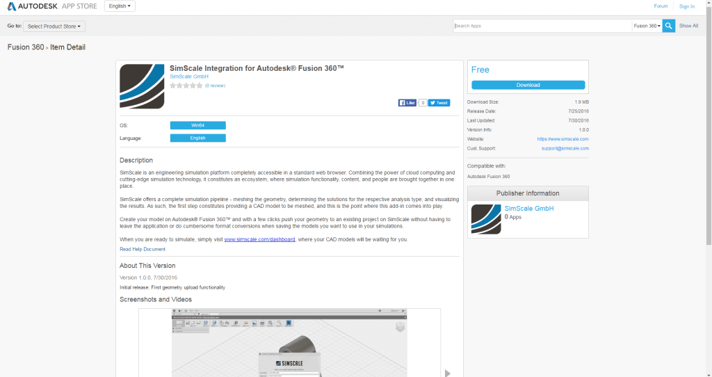 Autodesk Fusion 360 app store download simscale addon