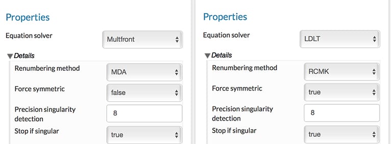 options of LDLT and Multfront solvers