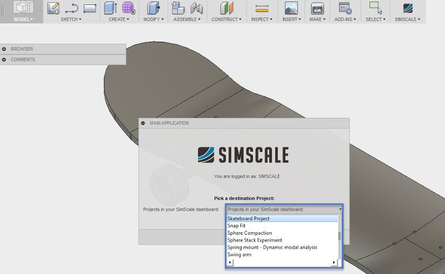 Autodesk Fusion 360 project selection for simscale