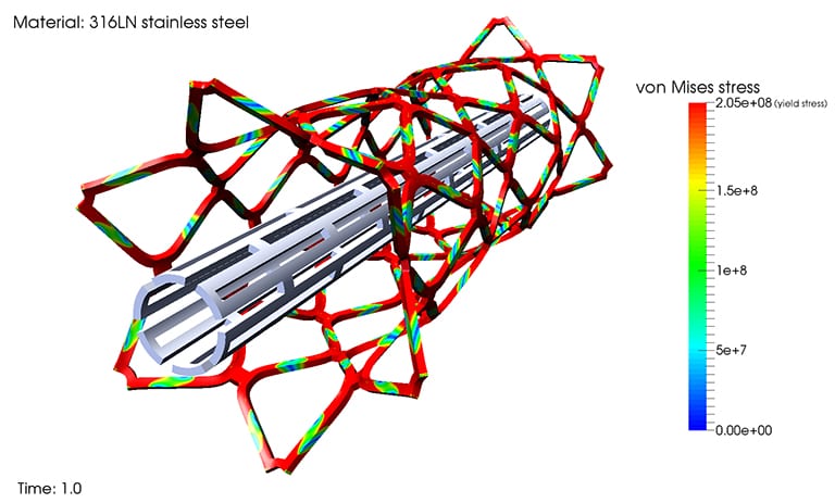 von mises stress analysis of the design of a cardiovascular stent carried out with SimScale