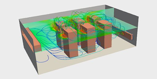 Simulation results for air circulation flow patterns of a room