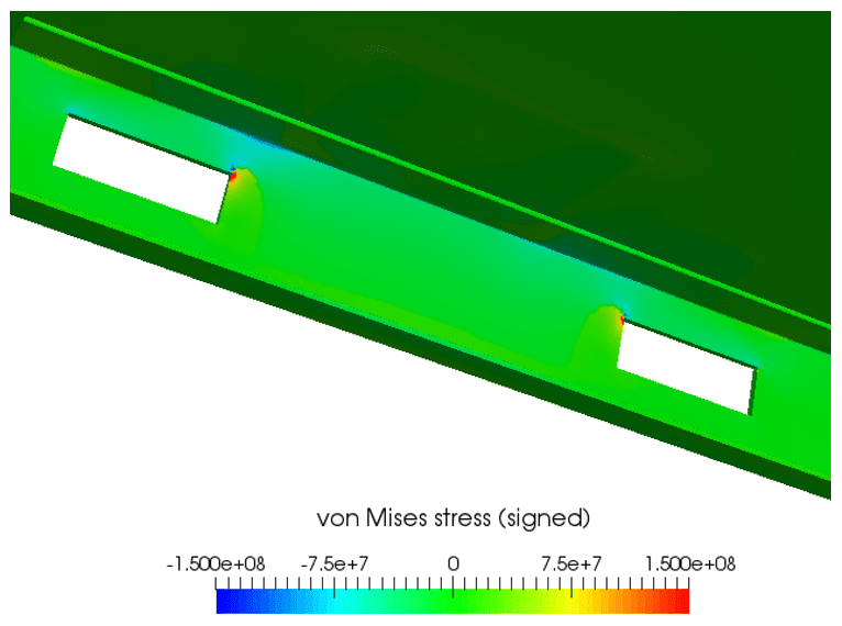 fixture steel structure design von mises stress plot, bottom stress concentration zone closeup