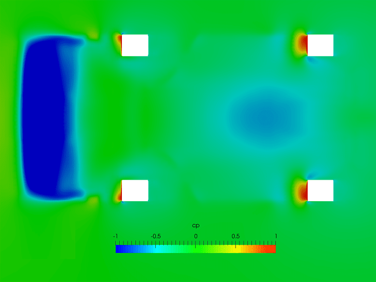 formula student race car ground effect usage visualized with a pressure coefficient plot of the ground