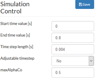 Simulation control panel in SimScale to indicate the time step settings