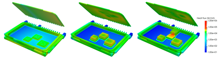 heat flux for different electronics enclosure design variations with heat sink, copper heat pipe, silicon thermal pads