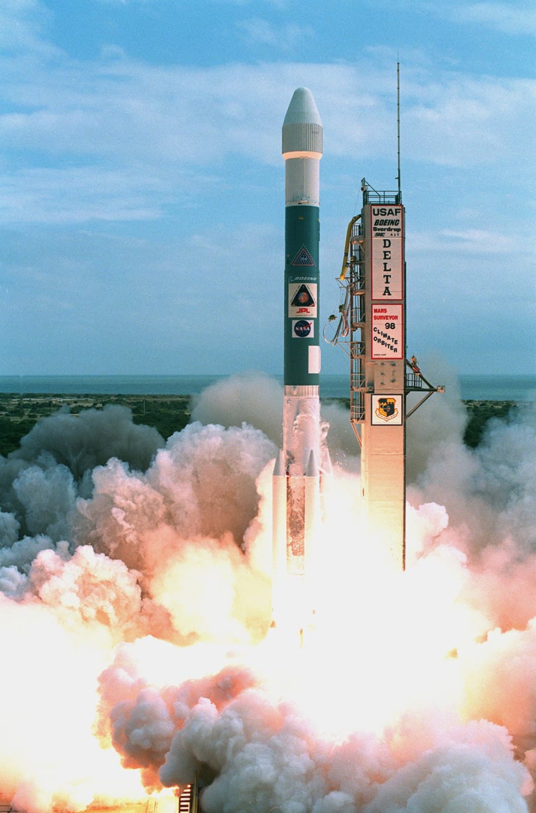 A Boeing Delta II 7425 expendable launch vehicle lifts off with NASA's Mars Climate Orbiter on Dec. 11, 1998