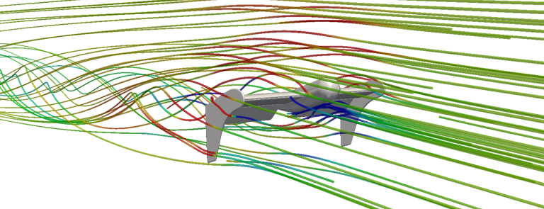 CFD simulation of drone design, flow stream tracers, side view