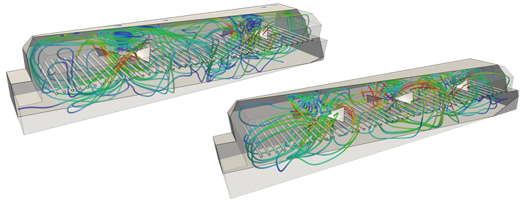 streamlines of airflow around the fans
