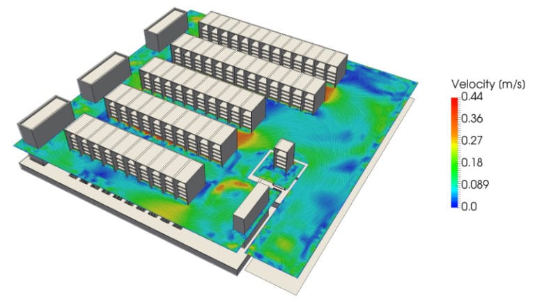 Velocity distribution of the baseline design scenario of the data center (3D view)