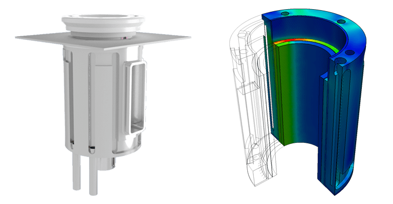 CAD Design of the FlexyCUBE Reactor (Left) and Heat Flux Field Inside the Device (Right)