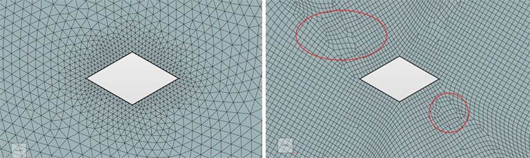 Skewness of a 2D Diamond Aerofoil Mesh. Skewness Ratio well maintained (L) & Poor Skewness Ratio/unmaintained (R), mesh quality