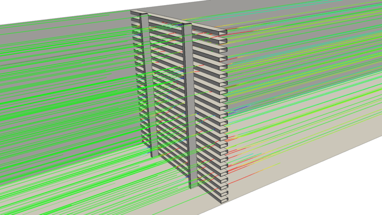 velocity stream tracers through a grille that includes the support bars.