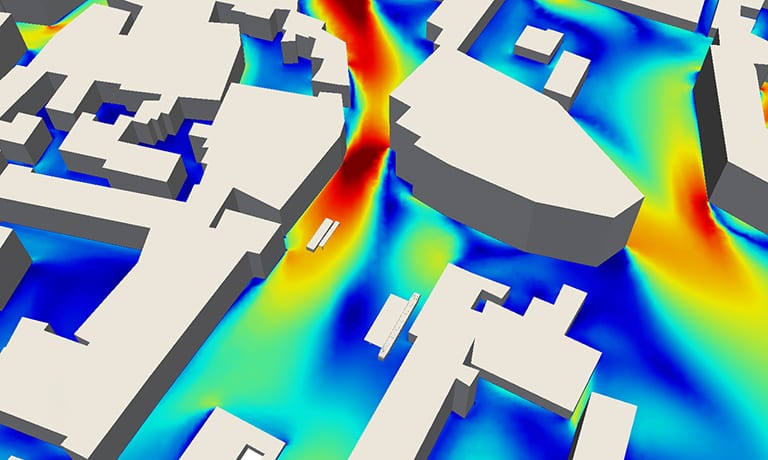 CFD analysis shows venturi effect occurring around buildings