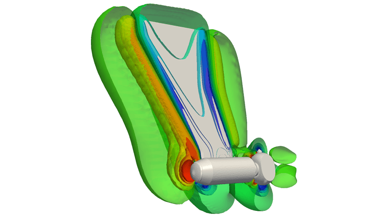 contours of iso-pressure surfaces with turbine leg in the operation position, CFD analysis of a floating tidal stream turbine