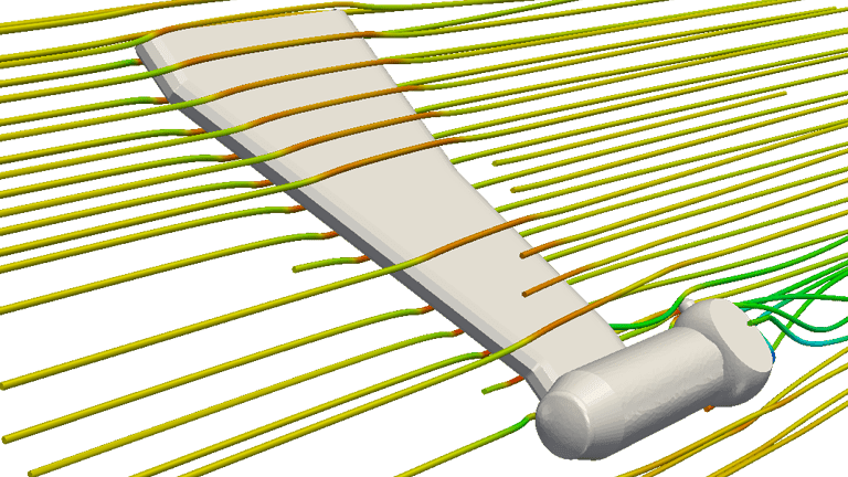 velocity streamlines around an energy turbine's leg at operating position
