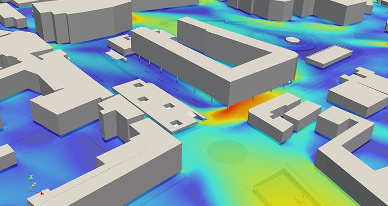 A CFD analysis of wind comfort in an urban area in Italy. Taken from SimScale Public Projects. 