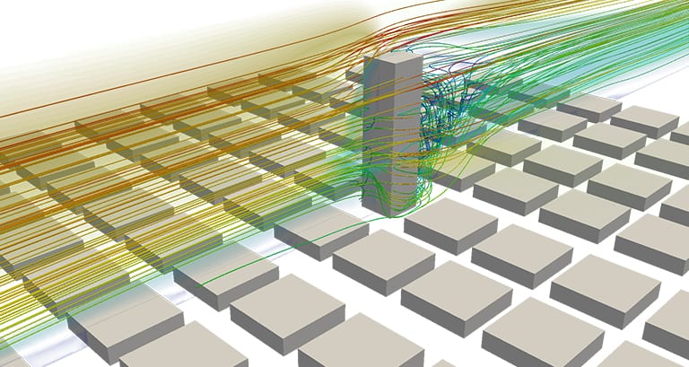 CFD simulation, showing the wind loads facing a solitary high rise within a low-rise city block. Taken from SimScale Public Projects. 