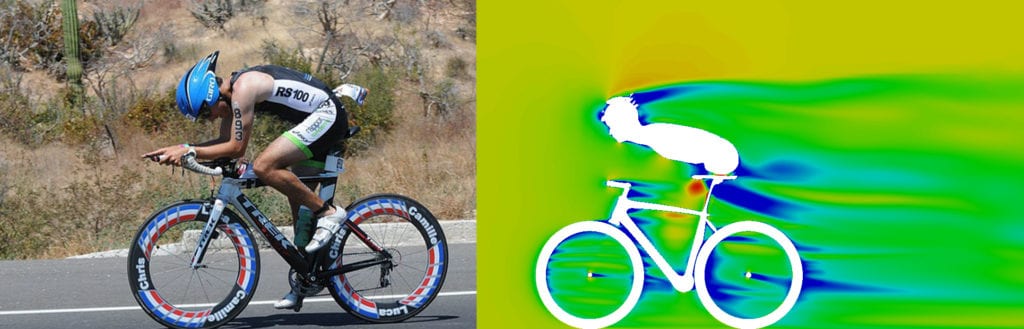(left) Picture of a road biker, (right) SimScale CFD simulation image of airflow around the road biker