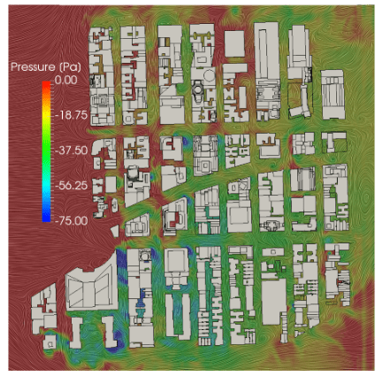 Pressure results plot for detailed validation scenario pedestrian wind comfort assessment with CFD online using SimScale