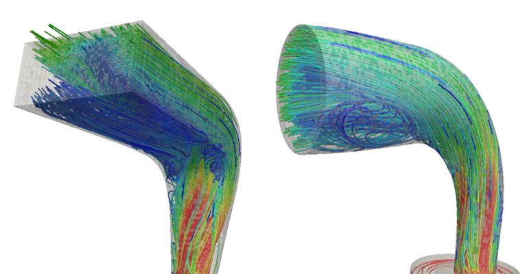 The first image is the 3D streamlines of the initial design showing the recirculation in the draft tube, and the second image is the improved Francis turbine design 