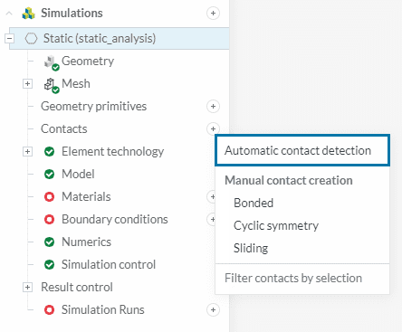 context menu of the contact setup in the SimScale workbench