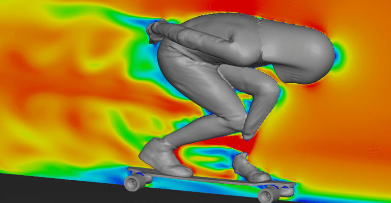 Velocity plot of Pete and his board, CFD simulation carried out with SimScale