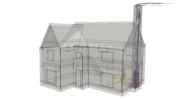 stack ventilation, velocity streamlines of airflow through a chimney caused by stack effect