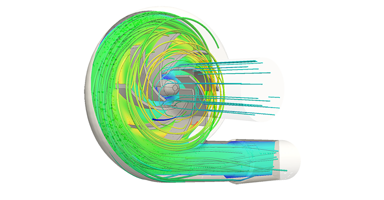 Fluid flow analysis show water move around the impeller pump blades of a centrifugal pump