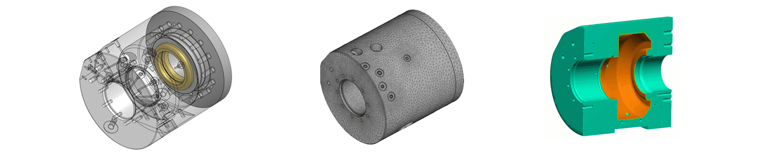 CAD, mesh, and FEA model of combustion chamber