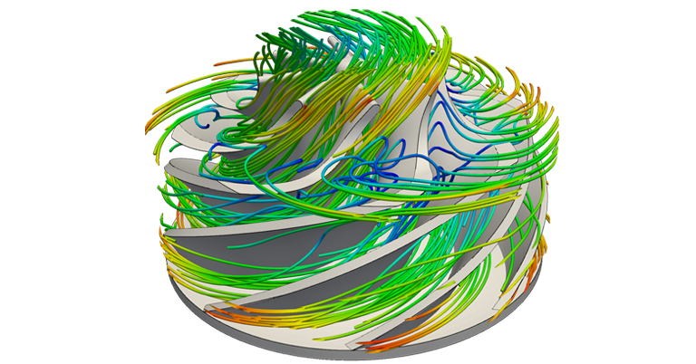 post-processing image of simulated pump showing fluid velocity streamlines with CFD