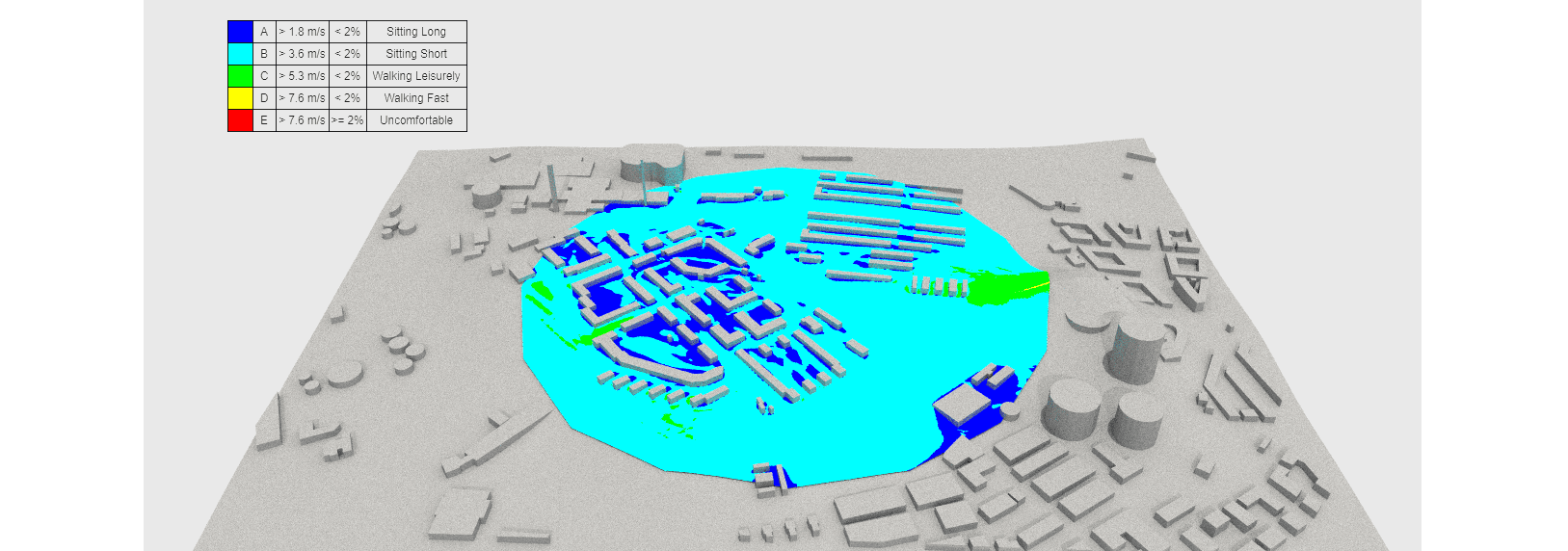 Lawson wind comfort criteria zone plots at 1.5m above the ground