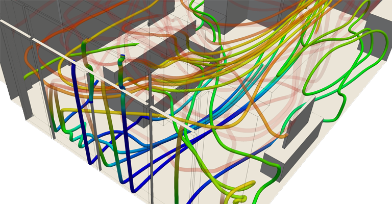 thermal comfort, streamlines colored by the temperature of the underfloor heating design in a thermal comfort project