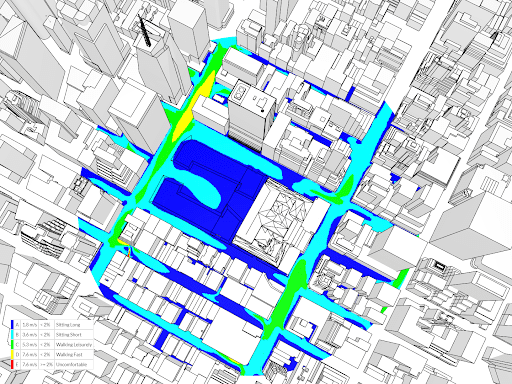 Wind analysis using Lawson Comfort Criteria without trees, modeled in the park