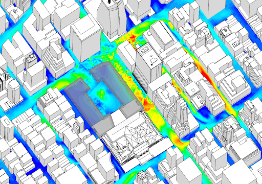 South-South West wind at pedestrian level, with trees modeled in the park