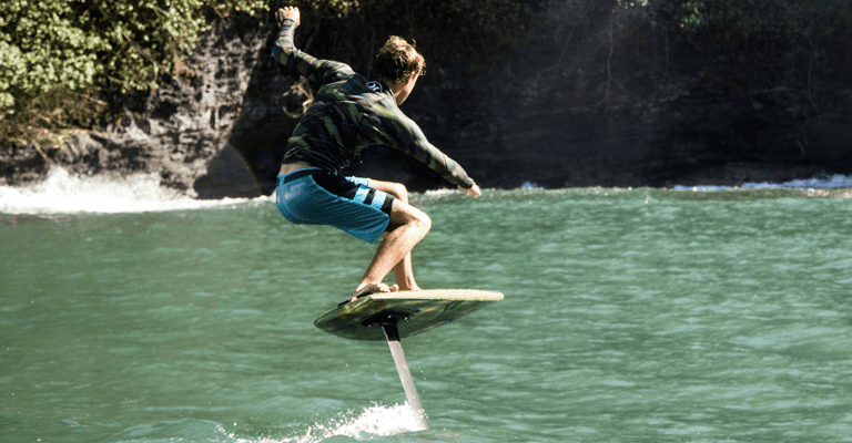 Co-founder Ridge Lenny pictured on a surf hydrofoil